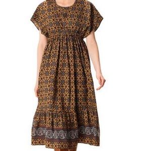 Graphic tile print crepe drawstring empire dress